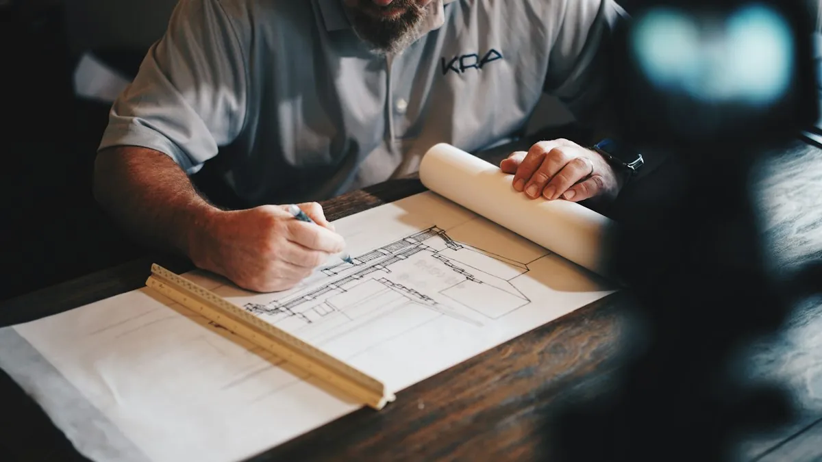 Architectural blueprints and drawings on a desk
