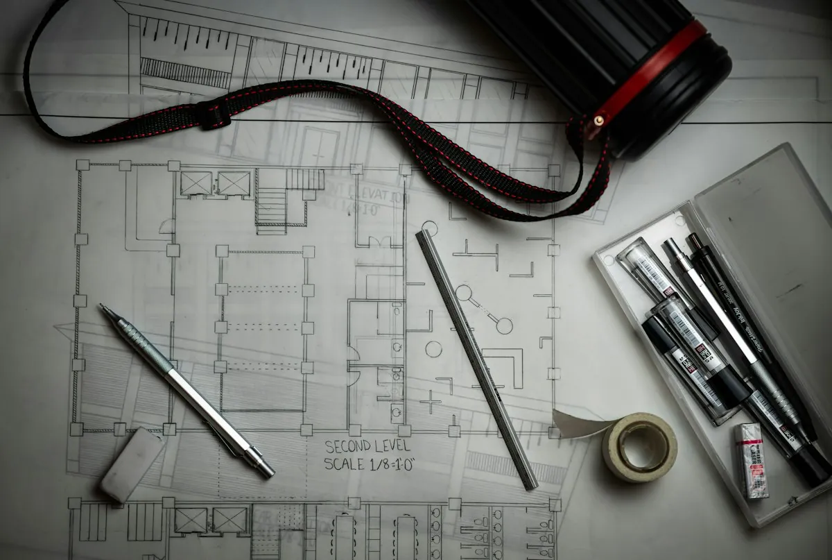 Floor plan drawings with drafting pencils and a scale