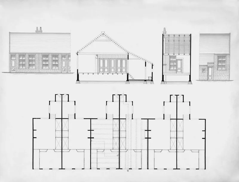 Architectural drawings showing elevations and floor plan