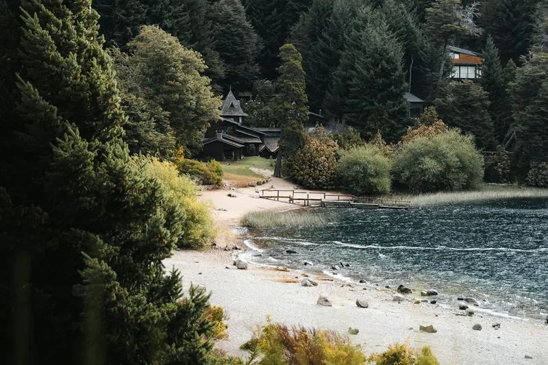 Wooded shoreline with a home set back among the trees