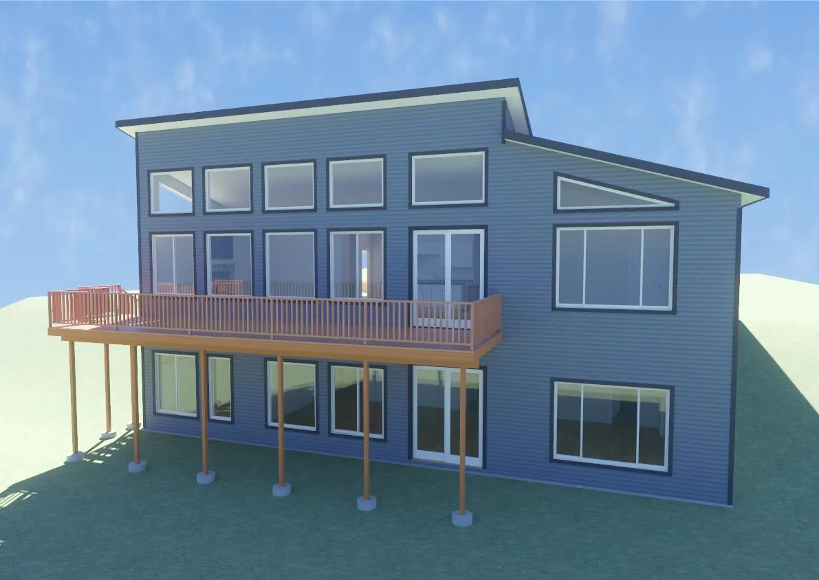 3D exterior render of a custom home with an elevated deck across the back