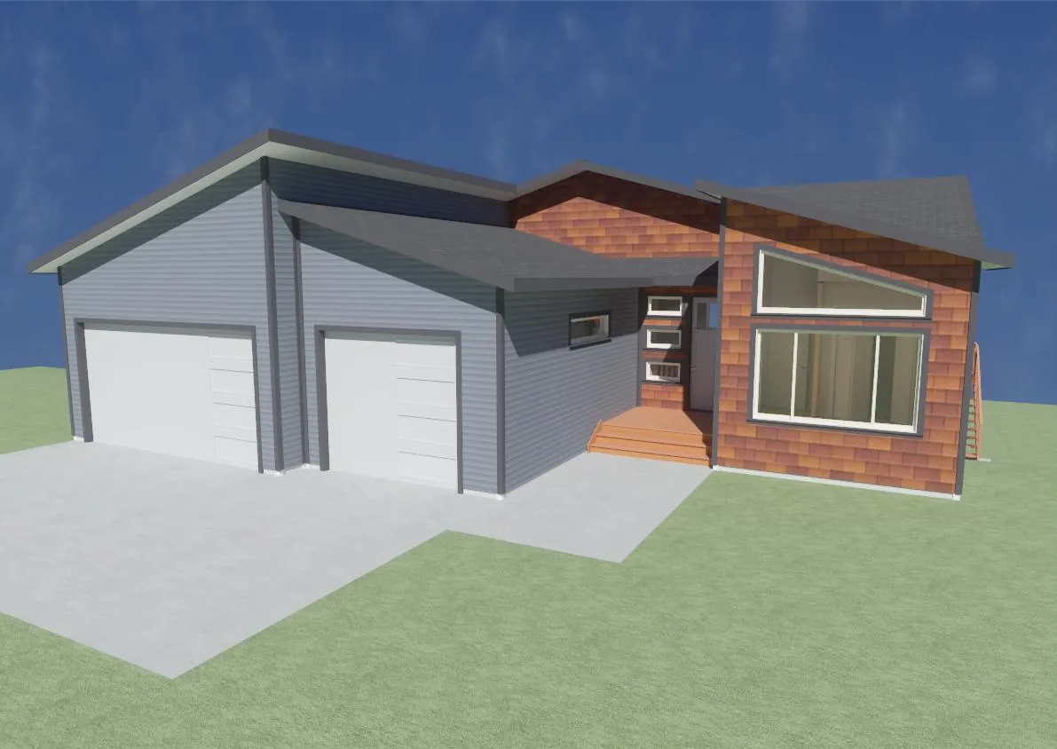 3D exterior render of a contemporary custom home with a two-car garage