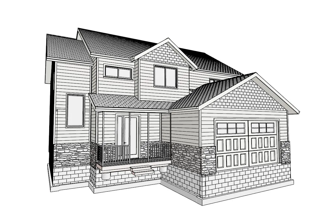 3D line drawing of a two-story custom home exterior