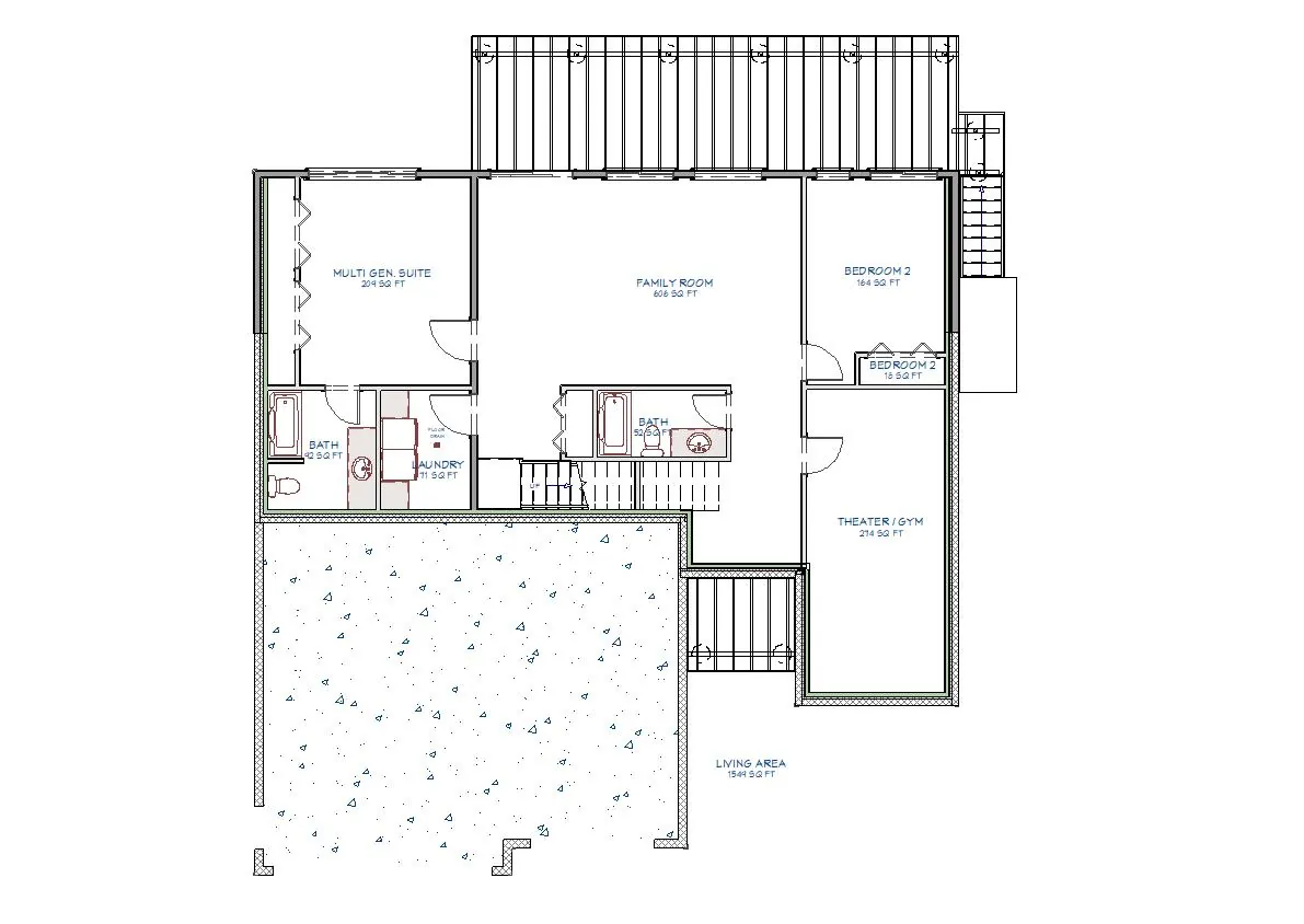 Lower level floor plan for a custom home