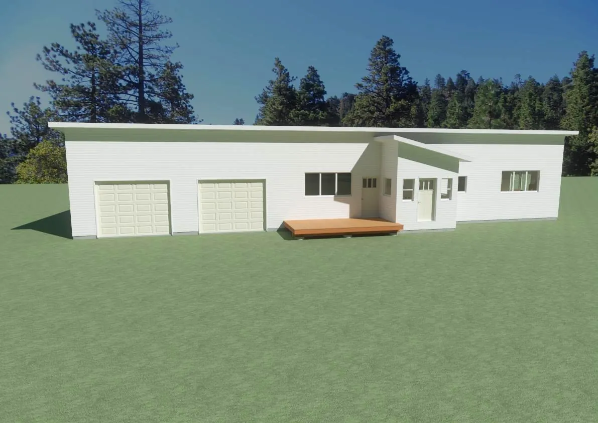 3D exterior render of a modern custom home with an attached two-car garage