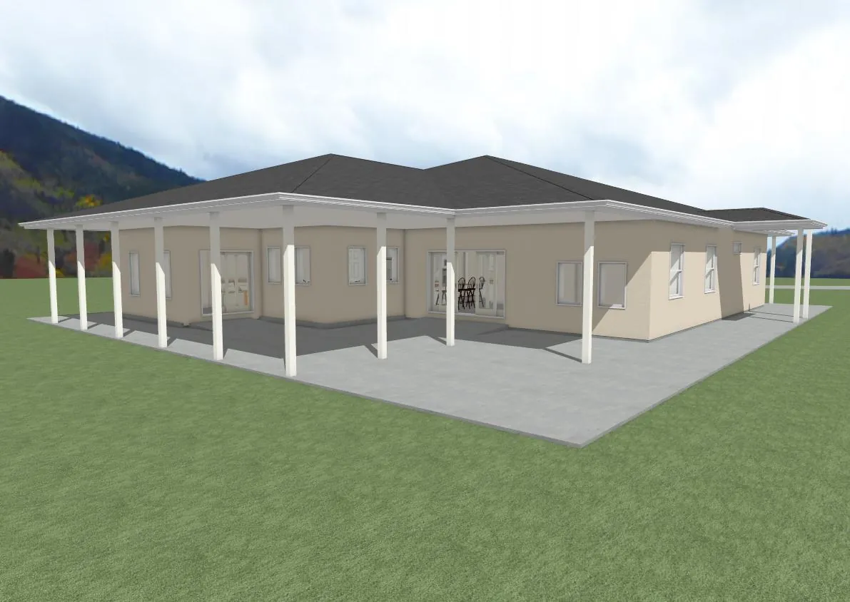 3D exterior render of a custom ranch home with a wraparound porch