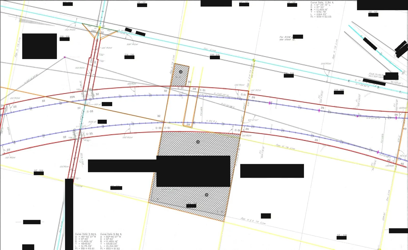CAD linework in color laid over the scanned right-of-way map to check the fit