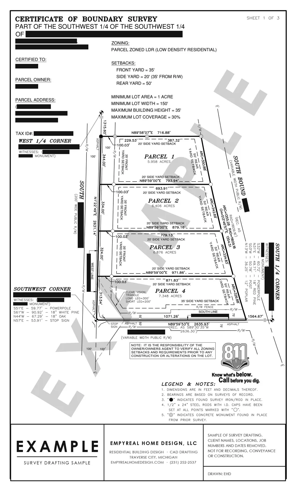 Full sheet of a certificate of boundary survey dividing a parcel into four along the highway right-of-way