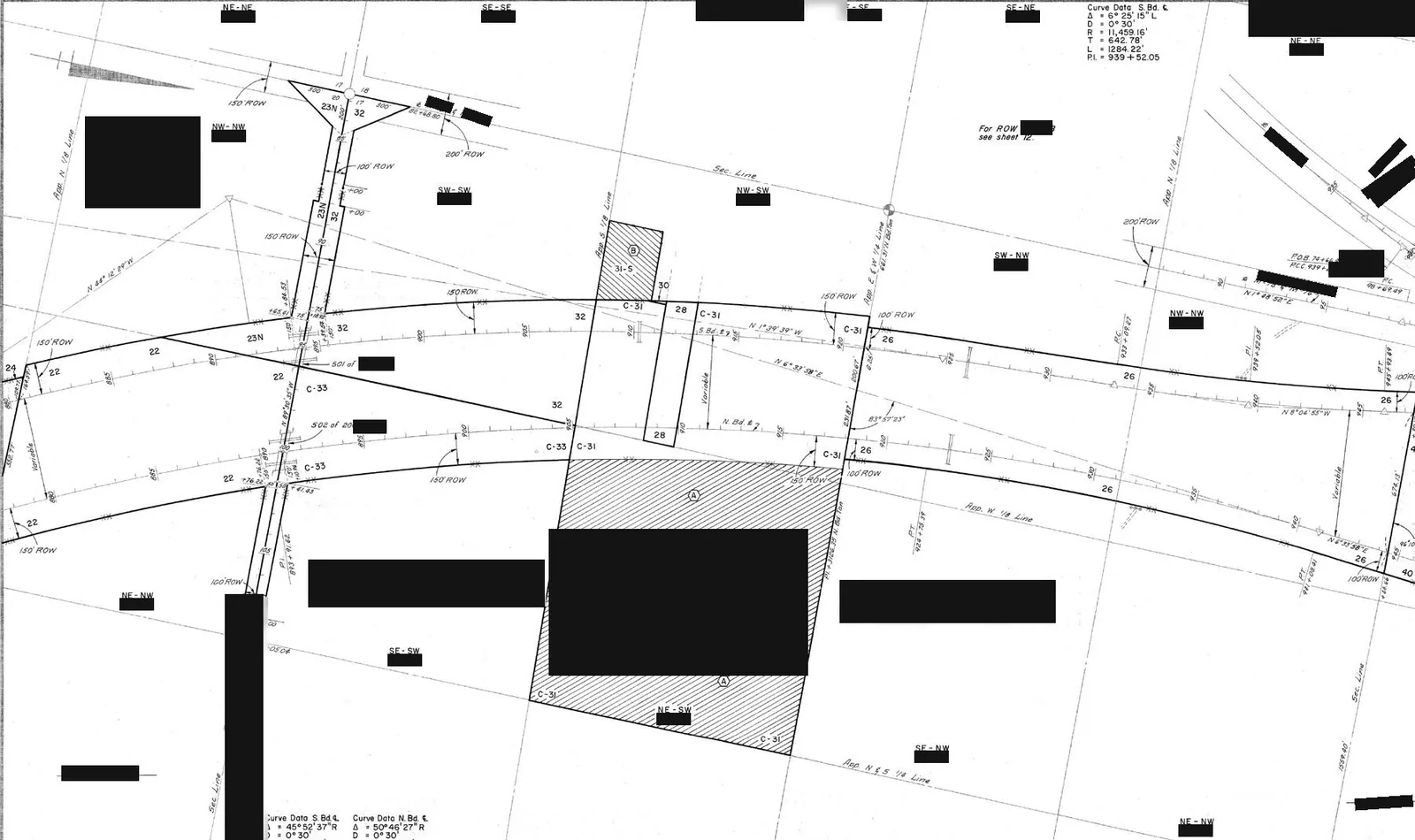 Scanned highway right-of-way map with hand lettering, stationing and curve data