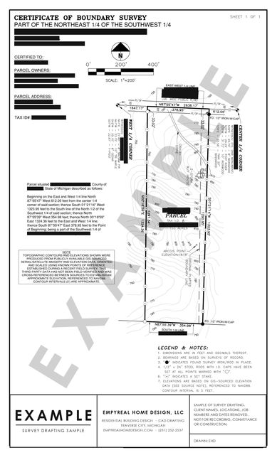Boundary survey with topography: Eleven-acre parcel with a legal description and contours from GIS-sourced elevation data.