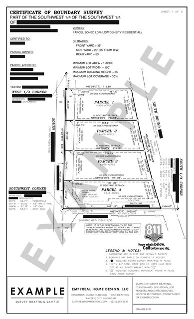 Four-parcel division: Drafted from the right-of-way map shown above, with the curve carried through from the record.