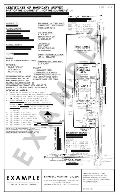 Planned unit development: Buildable area, open space, and density calculations on an 11-acre PUD.