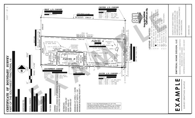 Parcel split: Two-parcel split with a proposed building location, outbuildings, and setbacks.