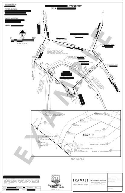 Riparian stakeout: Shoreline, docks, and riparian lines deflecting at the original platted shoreline.