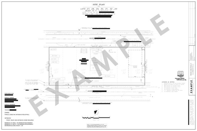 Commercial site plan: Seven platted lots, with utility lines shown from MISS DIG records.