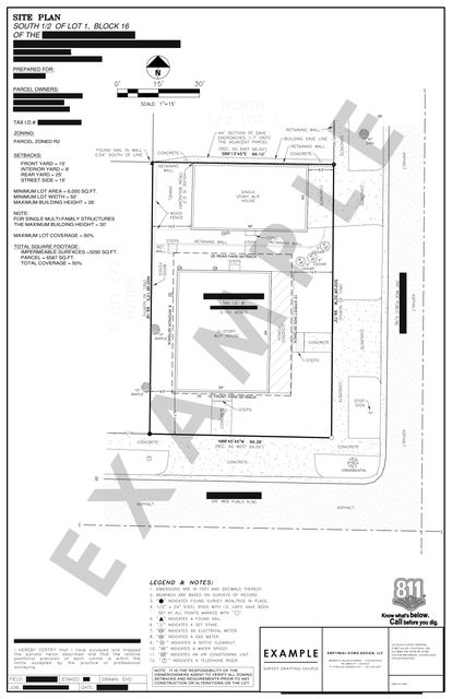 Site plan: Corner lot with an eave encroachment, lot coverage calculations, and setbacks.