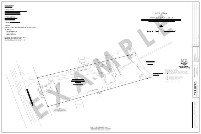 Waterfront site plan: Ranch home, dock, shoreline, and water elevation.