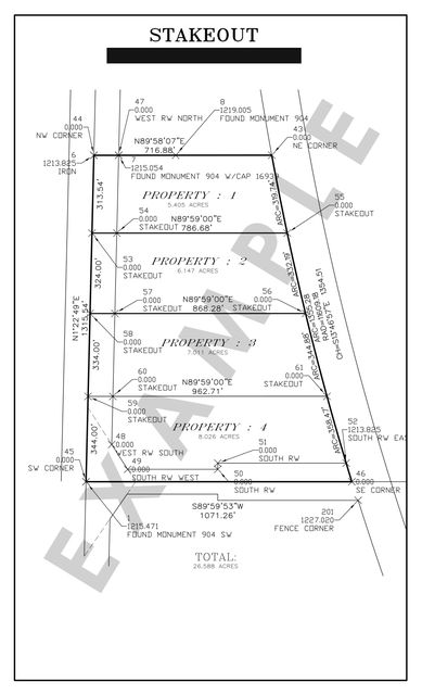 Stakeout drawing: Point numbers, descriptions, and stakeout calls for the four-parcel division.