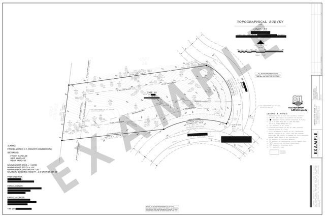 Topographic survey: Wooded unit beside a golf course, with drainage easements and one-foot contours.