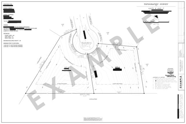 Topographic survey of two lots: Lots on a cul-de-sac with contours, curve data, and setback lines.