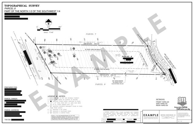 Topographic survey: Wooded parcel between two private roads, with curve data and contours.